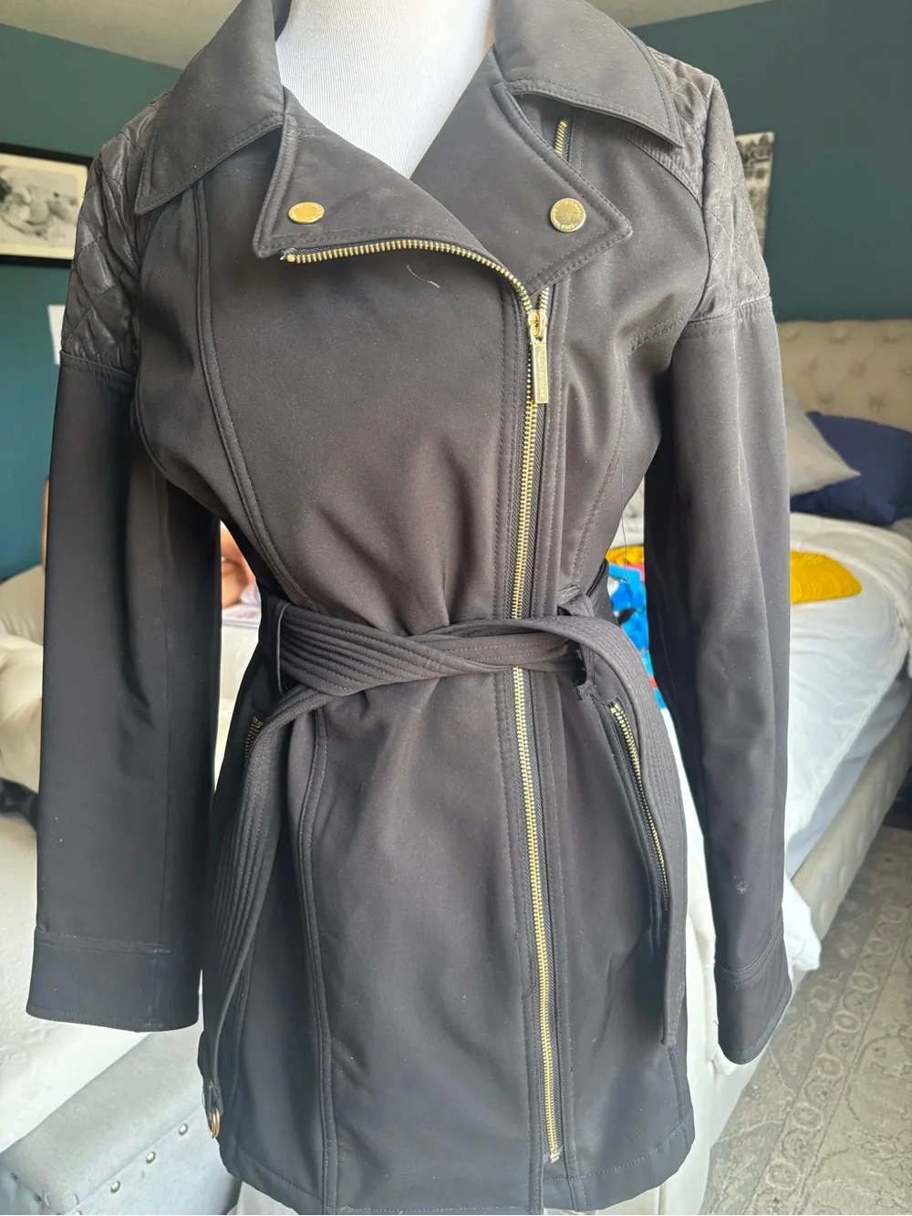 Michael Kors Black Trench Coat with Gold-Tone Hardware